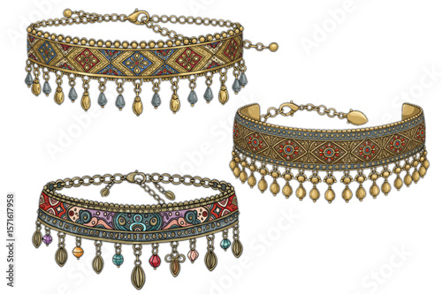 Ornamental choker design showcases intricately detailed metalwork and hanging beads, ideal for boho jewelry concepts and ethnic-inspired fashion projects.