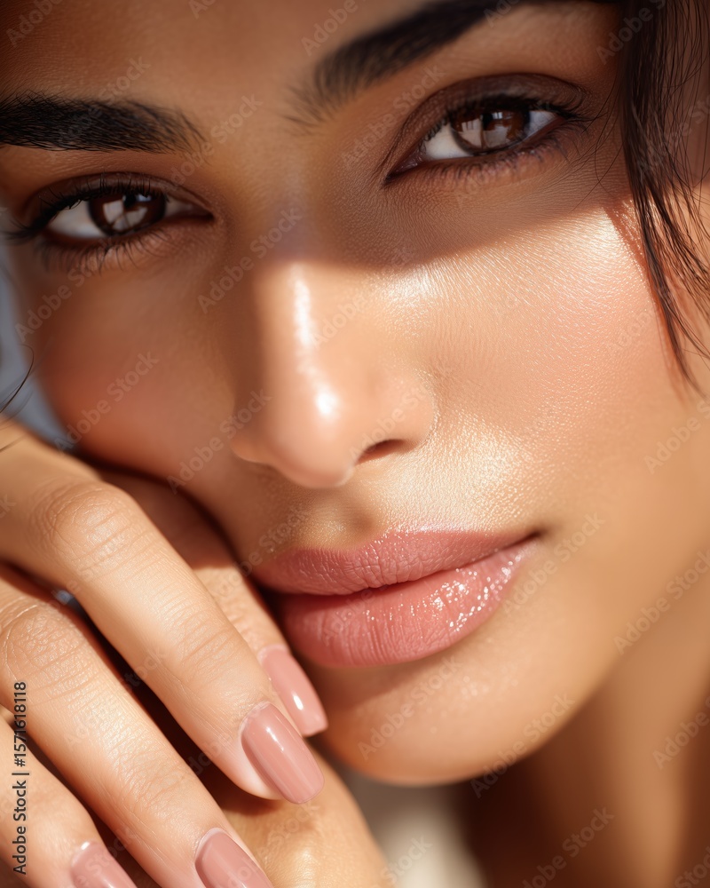 Gorgeous skin glows in this beauty portrait with perfect make up and a neutral nail design Gorgeous skin glows in this beauty portrait with perfect make up and a neutral nail design