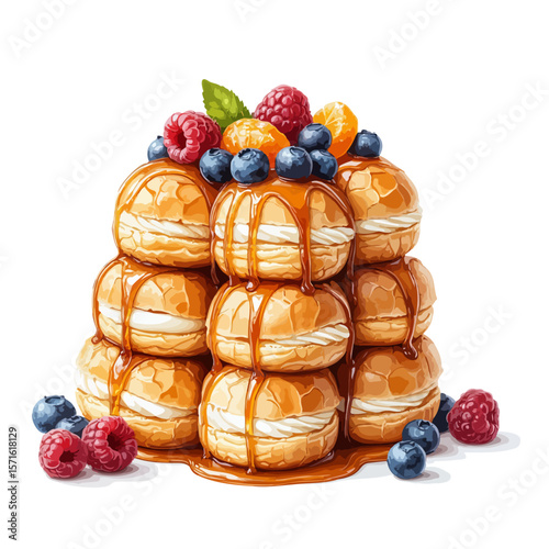 Croquembouche dessert tower with cream and fruit on transparent background