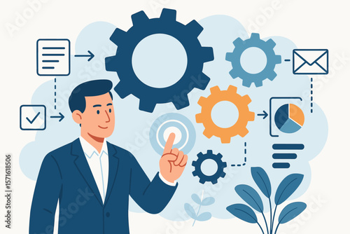 Business process management and workflow automation diagram with gears. Manager touching interface for efficient operation. Smart control technology concept for business.