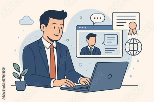Businessman using laptop for online webinar and education. E-learning and webcast concept. Getting certification or diploma from online course. Global business communication.