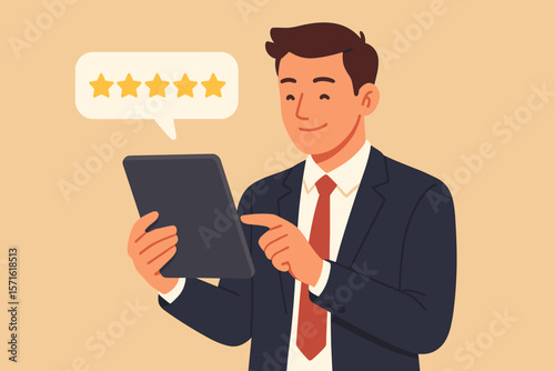 Businessman using tablet for five star feedback. Customer satisfaction concept. Happy client giving positive review and high rating for excellent service. Business survey.