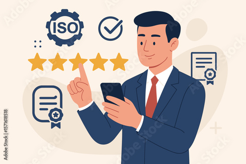 Businessman gives a five-star rating on mobile phone. Customer satisfaction and feedback concept. Excellent service evaluation. ISO certification, quality control, and standards.