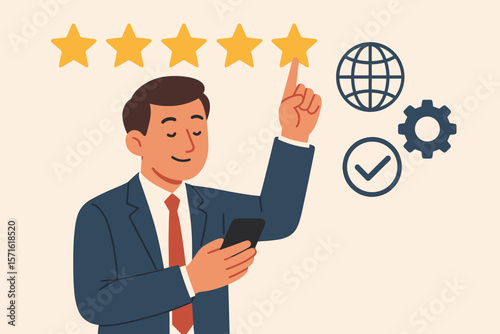 Businessman gives five star rating on mobile phone. Customer satisfaction, positive feedback, and product review concept. Excellent service evaluation, quality control, ISO standard.