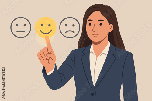 Businesswoman giving positive feedback. Customer service satisfaction concept. Client presses happy smiley face on touch screen for excellent review. Rating vector illustration.
