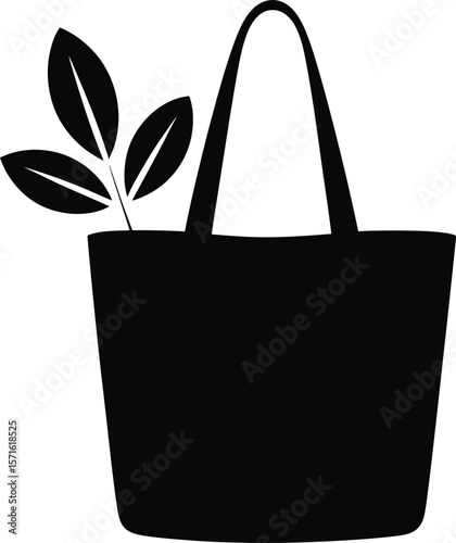 Black silhouette of a tote bag with leaves isolated on white background