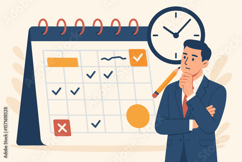 Calendar schedule, event meeting reminder. Date time planning concept for work deadline or appointment. Due date organizer weekly review. Businessman thinking with pencil.