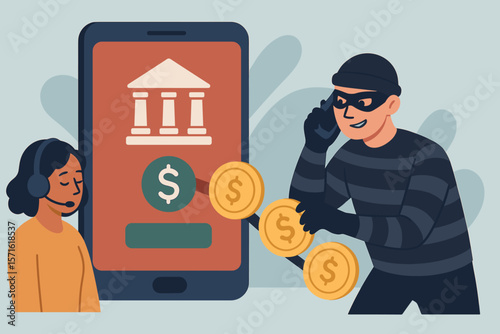 Phone scam concept with a hacker stealing money from a mobile banking app. Call center fraud, vishing, and financial phishing crime. Cybercrime security threat vector.
