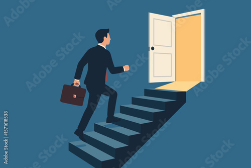 Career opportunity and doorway to success concept. Businessman with briefcase walks up staircase to an open door. Aspiration, hope, solution for a new job or promotion.