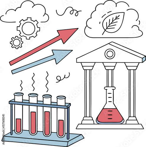 Illustration of science research and development with test tubes and laboratory flask