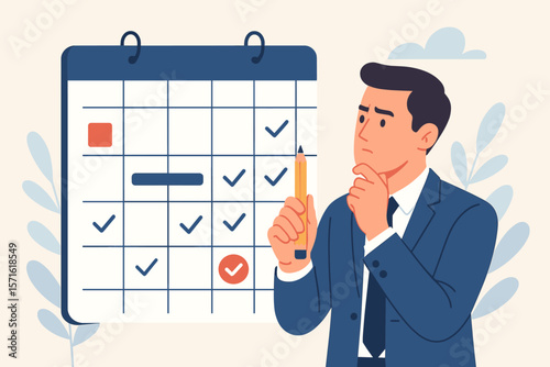 Calendar schedule, time management concept. Businessman planning work, events. Man with pencil thinking about appointment, deadline, due date organizer. Weekly review vector.
