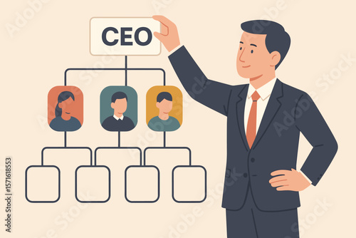 CEO, company leader or executive position concept. Businessman building an organization chart, explaining corporate hierarchy or team structure, role and responsibility.