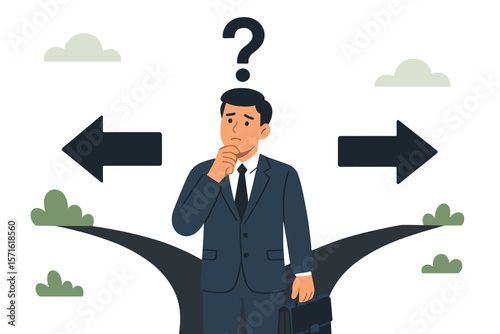 Confused businessman at crossroads choosing a path. Man with question mark at fork in road facing a dilemma. Business strategy, decision making and career concept vector.