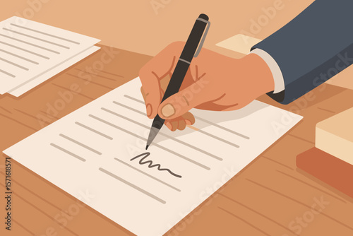 Close up of a businessman's hand signing a contract with a pen. Conclusion of a business agreement, making a financial deal, partnership or taking a bank loan or mortgage.