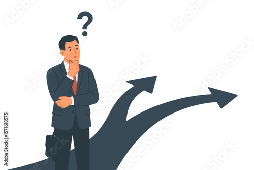 Concept of choice and dilemma. Confused businessman with question mark making a difficult decision at a crossroads. Choosing a career path, business strategy, or future direction.