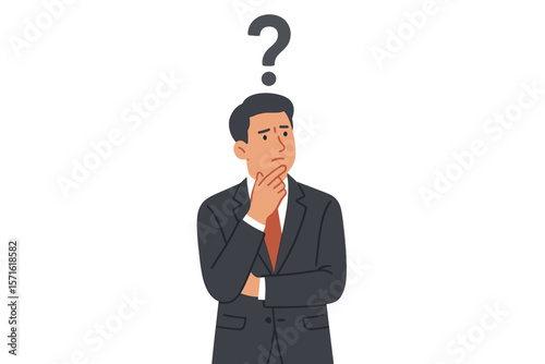 Confused businessman thinking with a question mark. Pensive man making a difficult choice or decision. Concept of dilemma, problem solving, business uncertainty, and confusion.