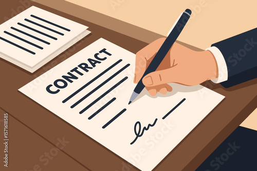 Businessman signing contract with a pen. Hand putting signature on business document. Concept for partnership, agreement, deal, employment, loan, mortgage, legal commitment.