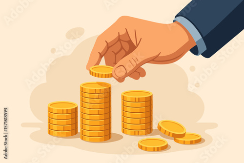 Businessman hand stacking gold coins. Money saving and investment for the future concept. Financial planning, business growth, wealth accumulation, profit. Vector illustration.