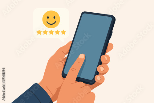 Hand using smartphone giving a five star rating. Happy smile face for positive feedback and customer satisfaction review. Excellent service experience and evaluation concept.