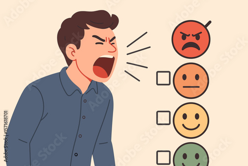 Angry man shouting, giving bad review on customer satisfaction survey. Negative feedback, poor service quality rating concept. User experience questionnaire with emoticons.