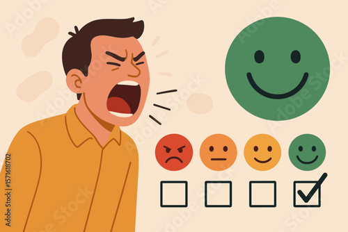 Customer satisfaction paradox. Angry man screaming while giving positive feedback. Service quality rating concept. User experience with happy smile emoticon review evaluation.