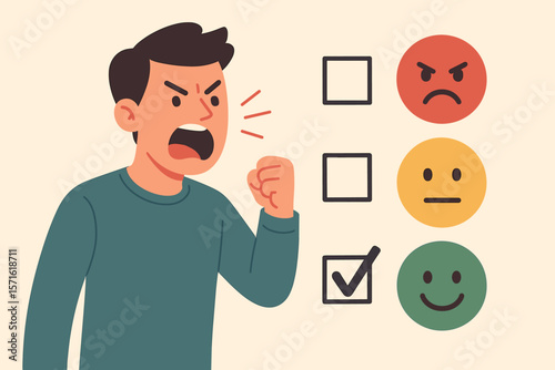 Customer satisfaction survey paradox. Angry client yelling but checking happy smile emoticon. Concept of fake positive review, bad user experience, and service quality feedback.