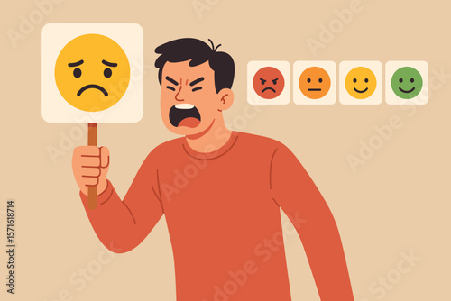Angry man gives bad review for customer satisfaction survey. Negative feedback, poor service quality concept. Dissatisfied client complaint holding sad face sign with rating scale.