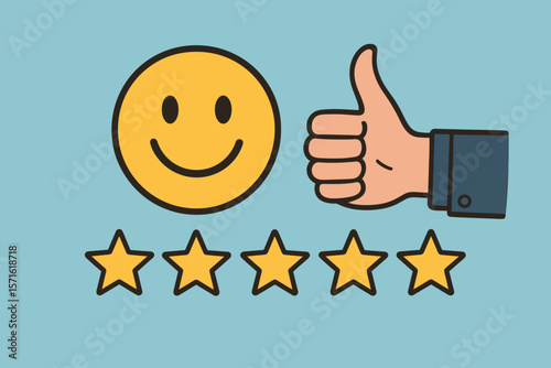 Customer service and satisfaction concept. Excellent five star rating, positive review, and best feedback. Happy smile face emoji icon with thumbs up hand gesture for quality.