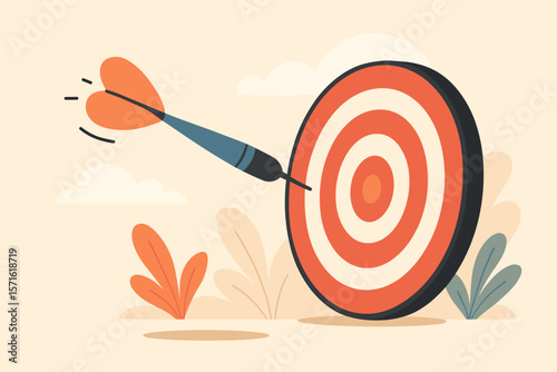 Dart with heart flight hits the bullseye on target. Concept of business goal, success, strategy, and achievement. Metaphor for passion, focus, and opportunity. Vector.