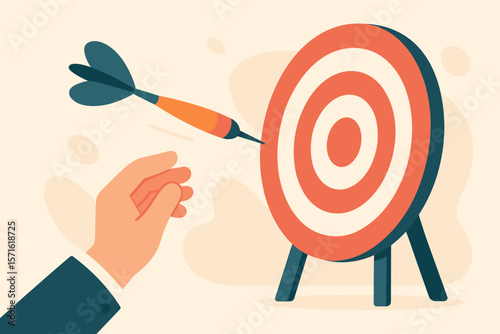 Business goal concept. Hand throwing dart to hit the target's bullseye. Metaphor for success, achievement, opportunity, and strategy. Marketing solution. Flat vector cartoon.