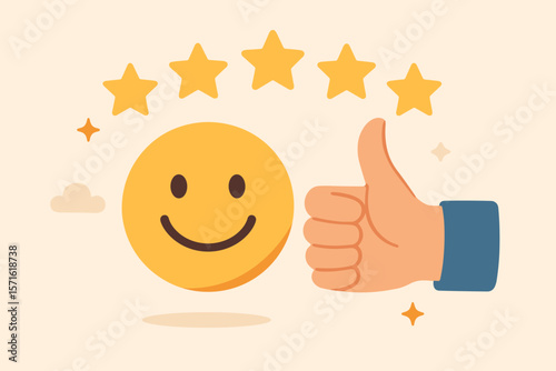Customer satisfaction concept. Excellent service review with five star rating. Positive feedback with happy smile emoji icon and thumbs up hand gesture. Best quality evaluation.