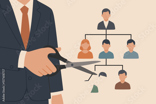 Layoff concept, downsizing, workforce reduction. Businessman cuts employee from organization chart. Firing, dismissal, contract termination, job loss, company restructuring.