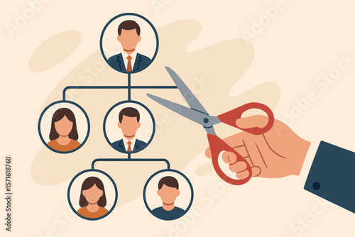 Job loss and unemployment concept. Hand with scissors cutting an employee from the organizational chart. Company downsizing, layoff, dismissal, redundancy, and restructure.