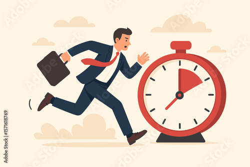 Deadline urgency, timer clock countdown. Pressure to finish work within the time limit. Due date concept. Businessman in a hurry running. Time management stress and responsibility.