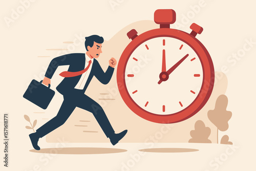Deadline urgency, timer clock countdown concept. Businessman in a suit with a briefcase running fast. Pressure to finish work within time limit. Due date, responsibility.