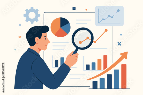 Businessman analyzing data on dashboard with magnifying glass. Financial research, marketing insight, and business intelligence concept. Chart and graph for analytics report.