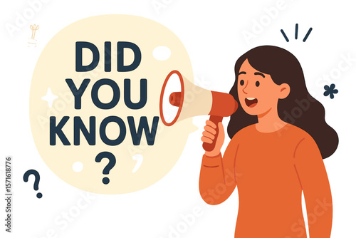 Did you know fun fact concept. Woman with megaphone sharing useful knowledge or wisdom. Expert information, advice message, explanation or solution. Useful tips vector illustration.