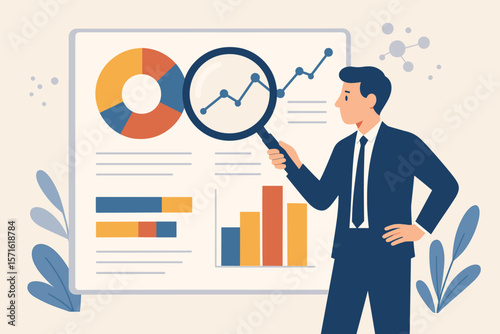 Data analysis concept. Businessman analyzing financial report, chart, and graph on dashboard with a magnifying glass. Marketing insight, analytics, and business optimization.