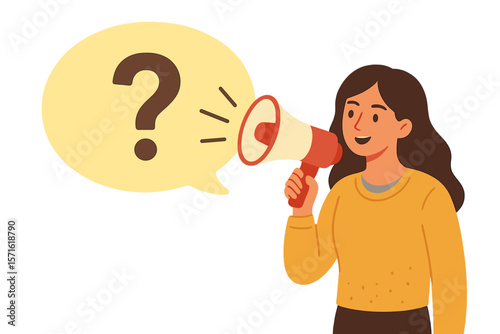 Did you know fun fact concept. Woman with megaphone shouting question mark. Useful knowledge, trivia, Q&A, FAQ, idea, advice, expert information, explanation, solution.