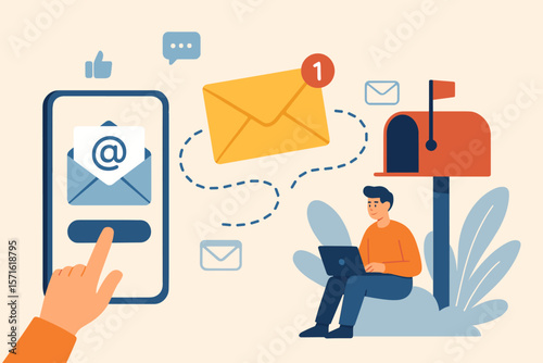Email marketing vector. Subscribe to newsletter online. User receives notification. Digital communication, inbox engagement. Man with laptop, phone and mailbox concept.