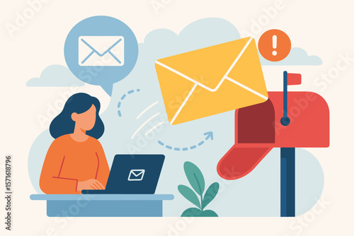 Email marketing concept with woman sending newsletter from laptop. Digital communication, online subscription and user engagement. Envelope flies to mailbox with notification alert.