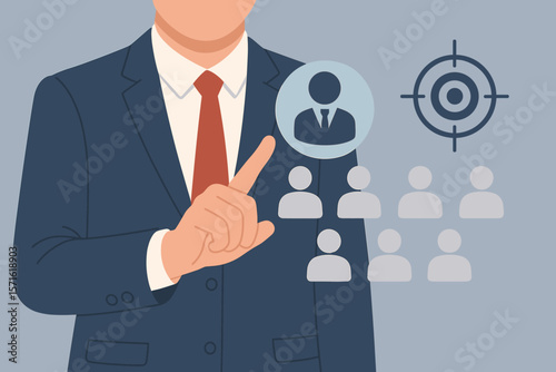 Human Resource Management concept. Businessman manager points to select candidate icon from staff. Recruitment, leadership, team building, talent acquisition, and targeting.