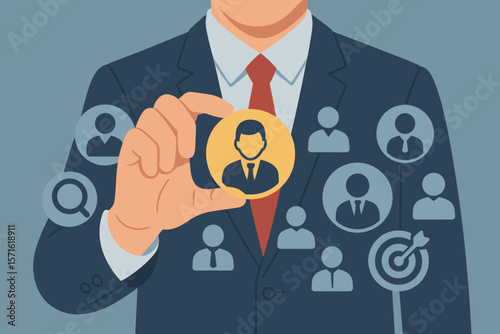 Human Resource Management HRM concept. Businessman hand choosing manager icon. Recruitment, leadership, and team development. Talent acquisition, headhunting, and hiring process.