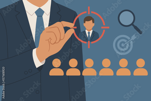 Human Resource Management concept. Businessman hand choosing a candidate for a job. HRM, recruitment, leadership, and headhunting. Staff selection. Targeting customer audience group.