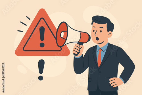 Important announcement, attention or warning information. Breaking news or urgent message communication. Alert and beware concept. Businessman shouts into a megaphone vector.