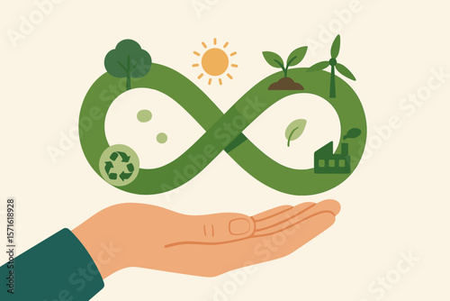 Circular economy concept with infinity symbol on hand. Sustainable development, ESG, and green business icons for future investment. Environmental protection and renewable energy.