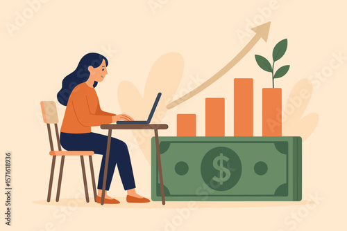 Woman working on laptop analyzes financial growth. Concept of increasing income, salary raise, investment success, profit, and wealth accumulation. Business revenue is rising.