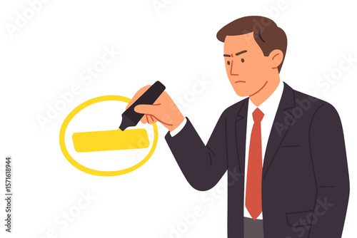 Businessman highlighting an important note. Man with marker circling a significant word. Concept of critical information, attention, focus, vital detail, and essential facts.