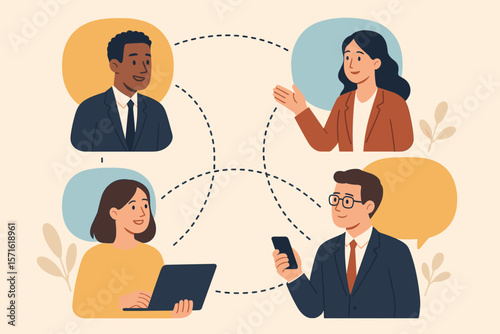 Internal communication concept. Business people team communicate within the office. Organization or company strategy, internal job connection, community or work networking idea.