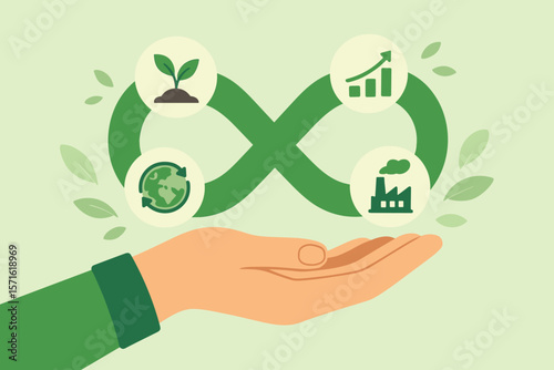 Circular economy concept with infinity symbol on hand. Icons for sustainable business, environmental care, industrial production and growth. ESG investment and green development.